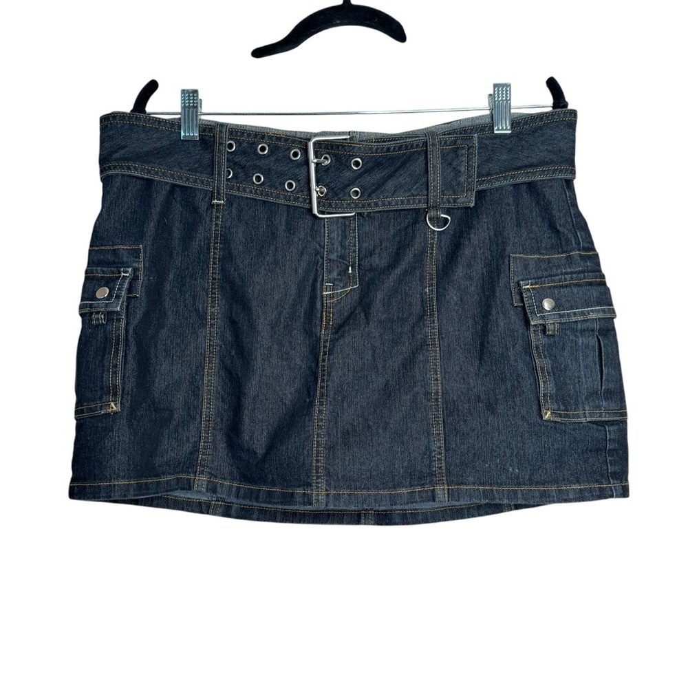 Vintage Bisou Bisou Denim Mini Skirt Belted Size 14 Cargo Bratz Y2K Scene G1